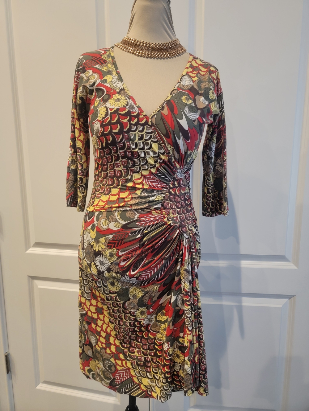 Roberto Cavalli Red, Yellow & Black Printed Wrap Midi Dress